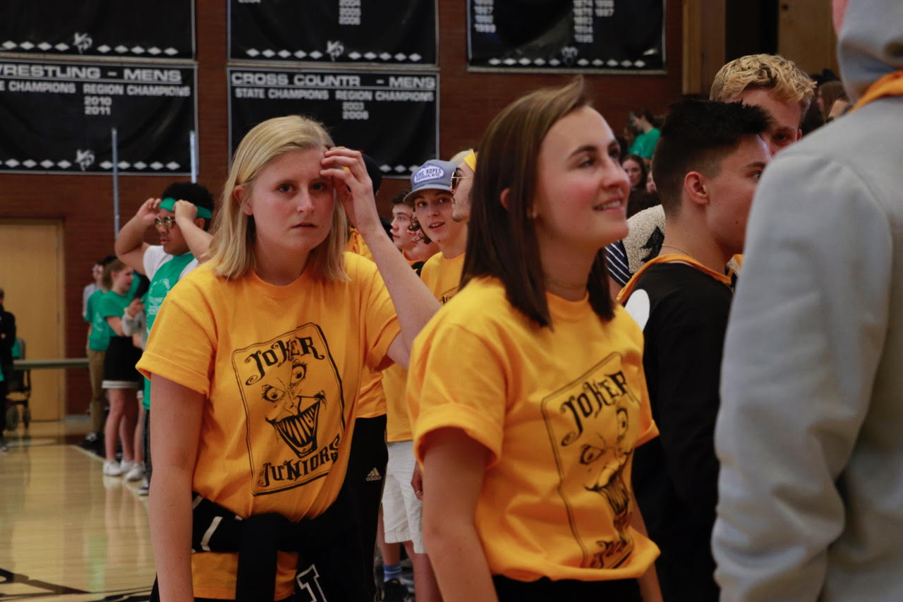 Junior class secretary Emily Bertola attempts to keep her class at bay during the spirit bowl last week.