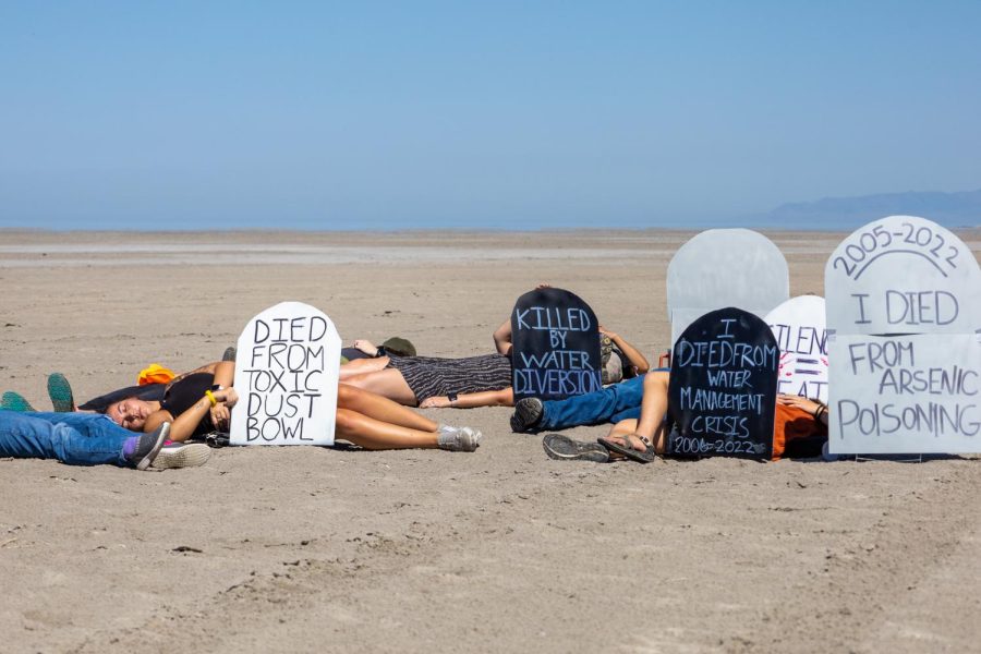 A+group+of+students+laying+down+for+the+die-in+at+the+Great+Saltair.