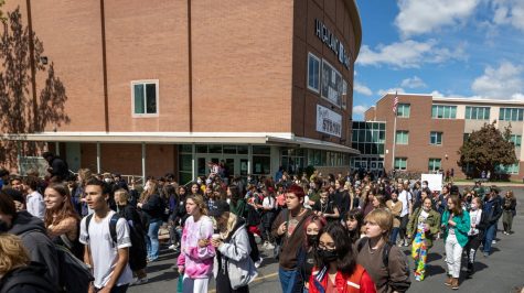 Hundreds of Highland students walk off school grounds on May 12th, 2022 to continue their protest of the Supreme Court’s draft to overturn Roe v. Wade.