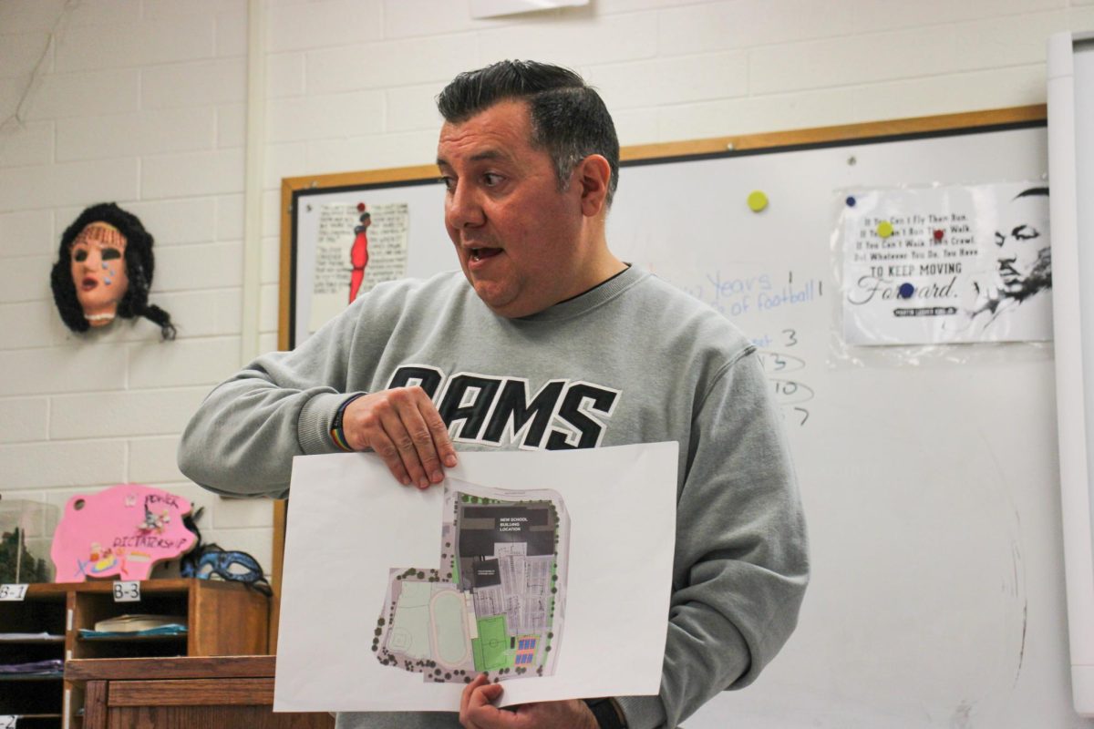 Highland principal Jeremy Chatterton shows the Rambler staff the preliminary blueprints for the new school.